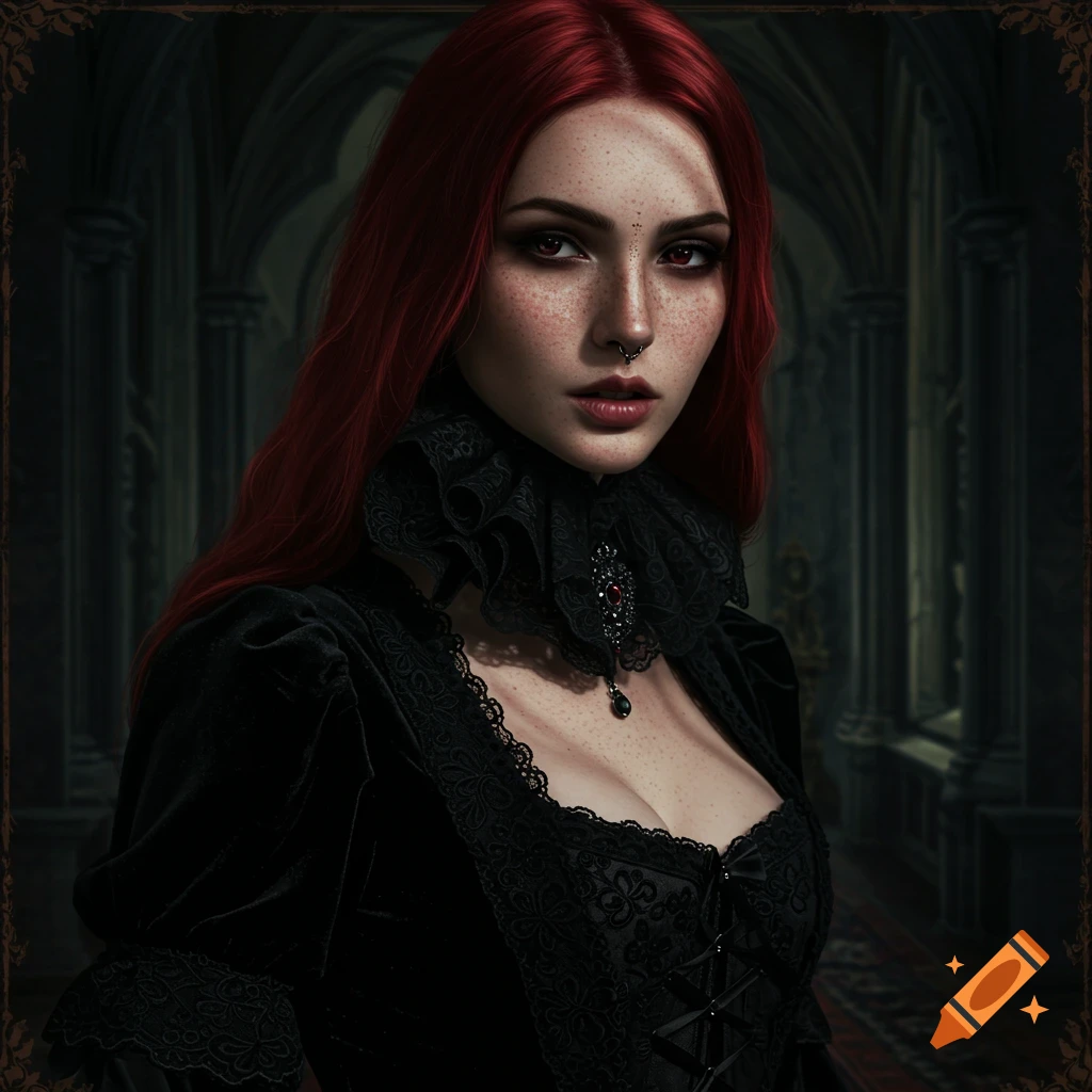 A gothic woman with red hair and freckles wears a black dress in a dark hall.