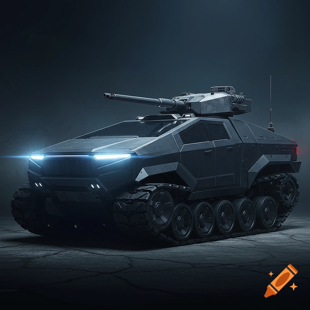 A dark, futuristic tracked vehicle blending CyberTruck design with a tank, featuring glowing blue headlights.