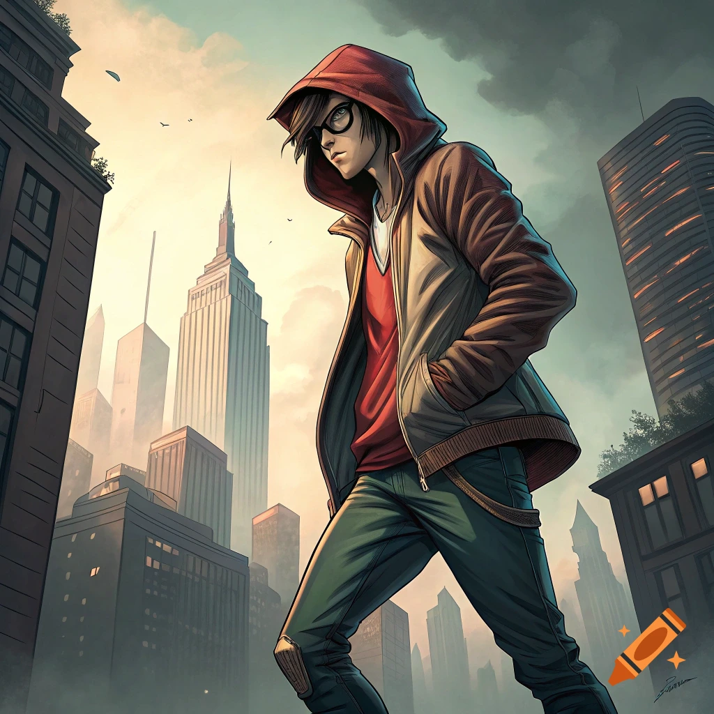 Anime style depiction of a person in a red hoodie and glasses walking through a city.