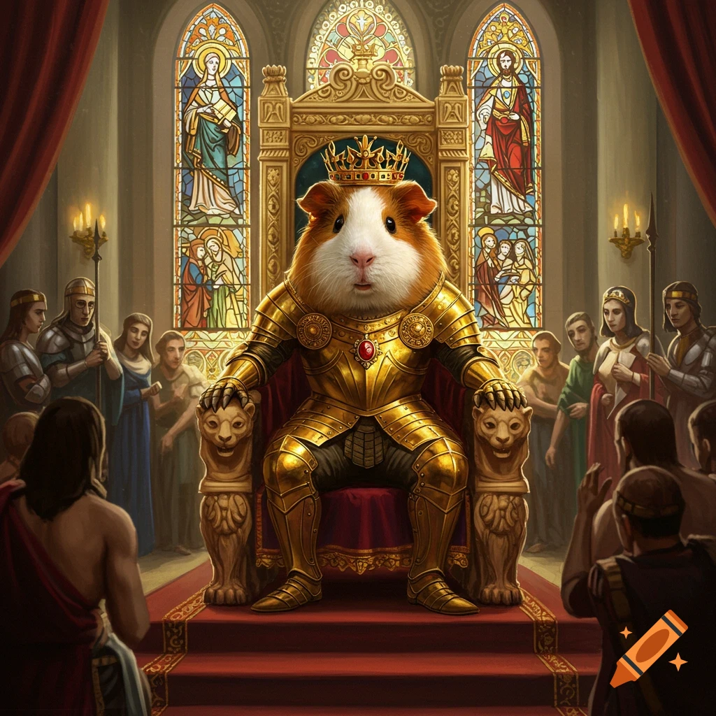 A guinea pig wearing golden armor and a crown sits regally on a throne in a grand hall, surrounded by people.