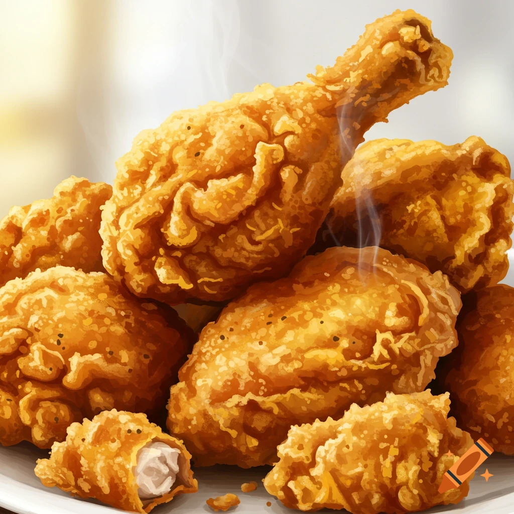 Close-up of crispy fried chicken pieces on a plate with steam rising