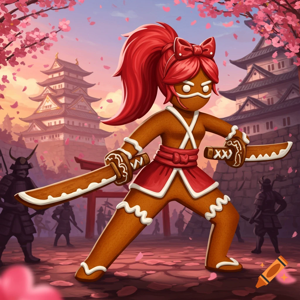 Gingerbread ninja with bow and cookie katanas in Japan