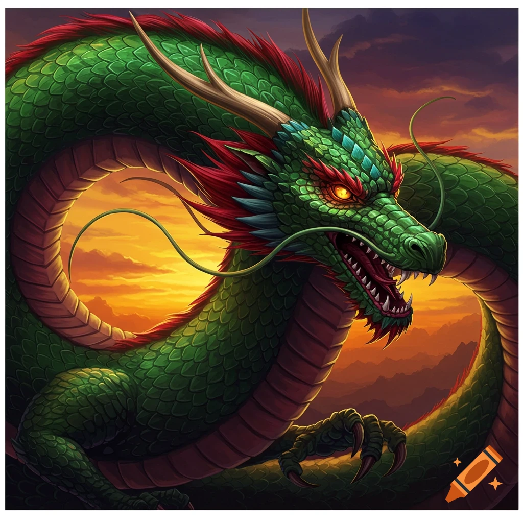 A detailed illustration of a large green dragon with red and blue accents, its mouth open, against a dramatic sunset background.