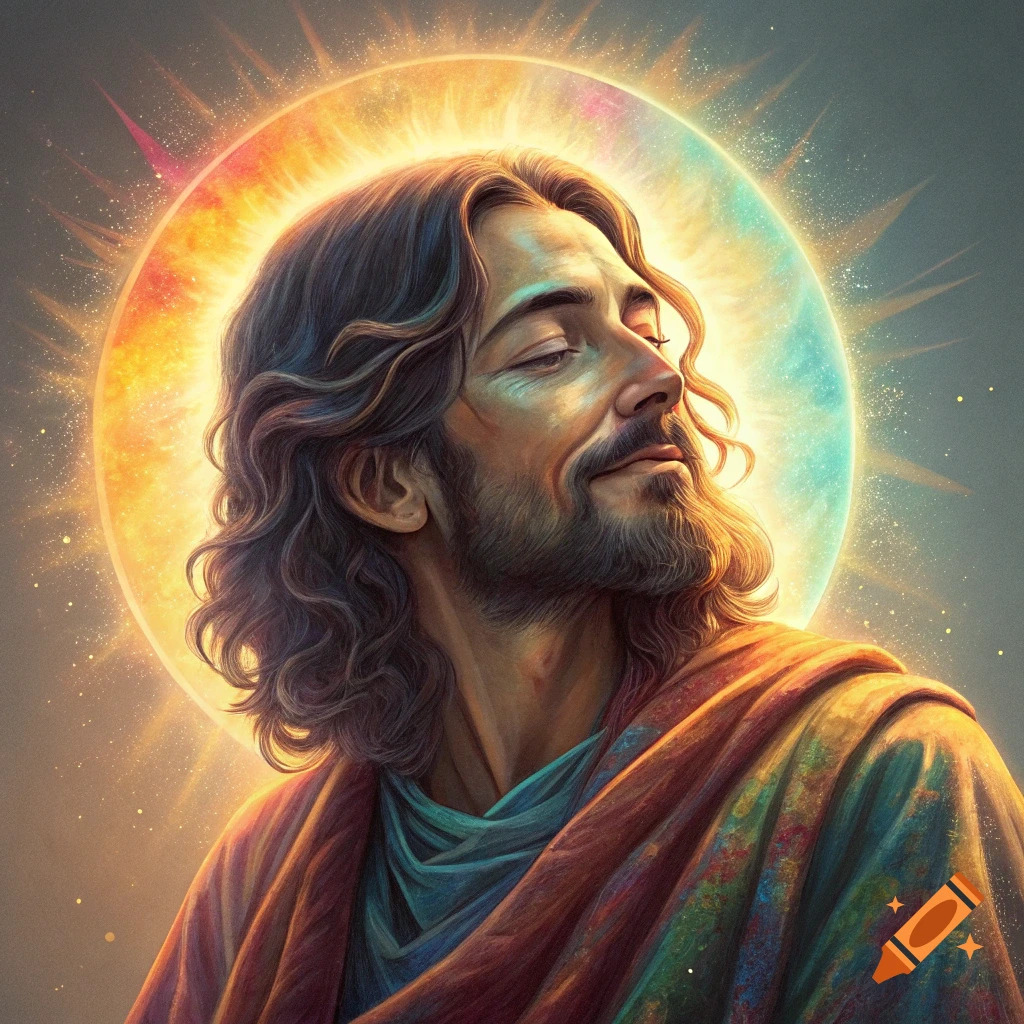 Painterly portrait of a man with long hair and beard and a bright glowing aura.