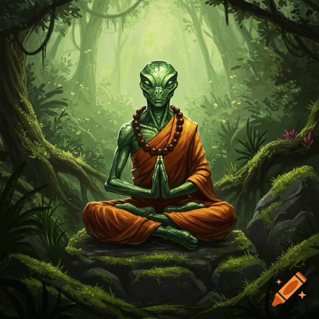 Illustration of a green alien monk meditating in a lush jungle.