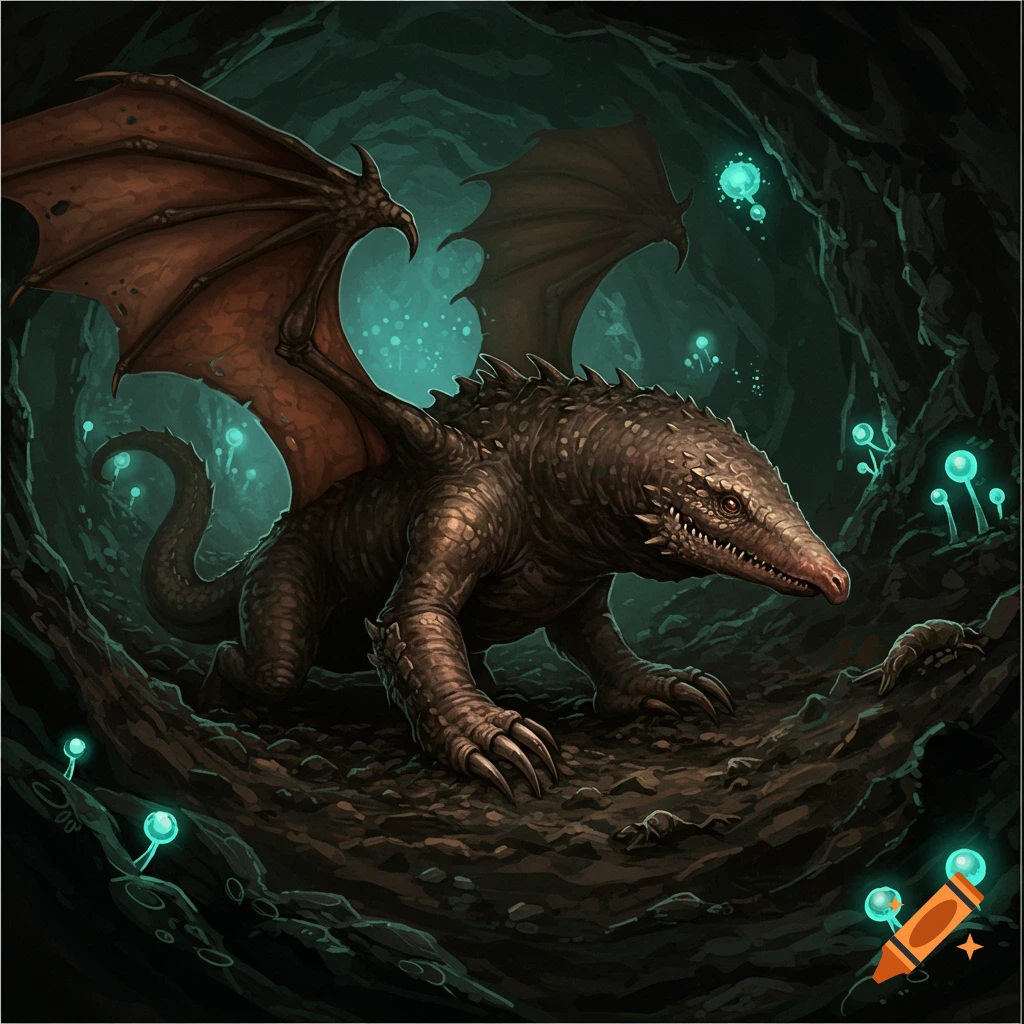 A fantasy illustration of a mole-like dragon creature in a dark cave lit by glowing mushrooms.