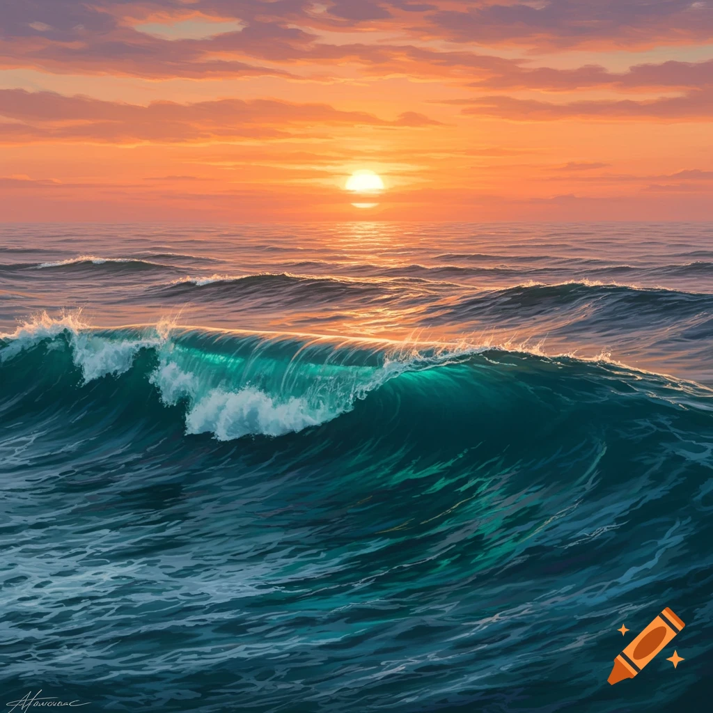 Large wave breaking in the ocean at sunset, with orange sunlight on the water. Painting style.