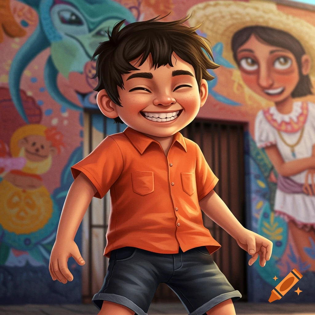 An illustration of a happy boy with a big smile standing in front of a colorful mural.