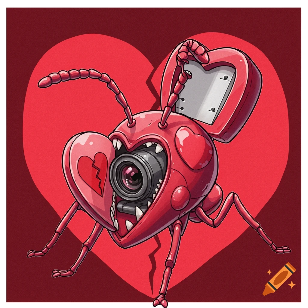 Cartoon illustration of a red mechanical insect with a heart-shaped body, a camera lens for a mouth, and a broken heart symbol.