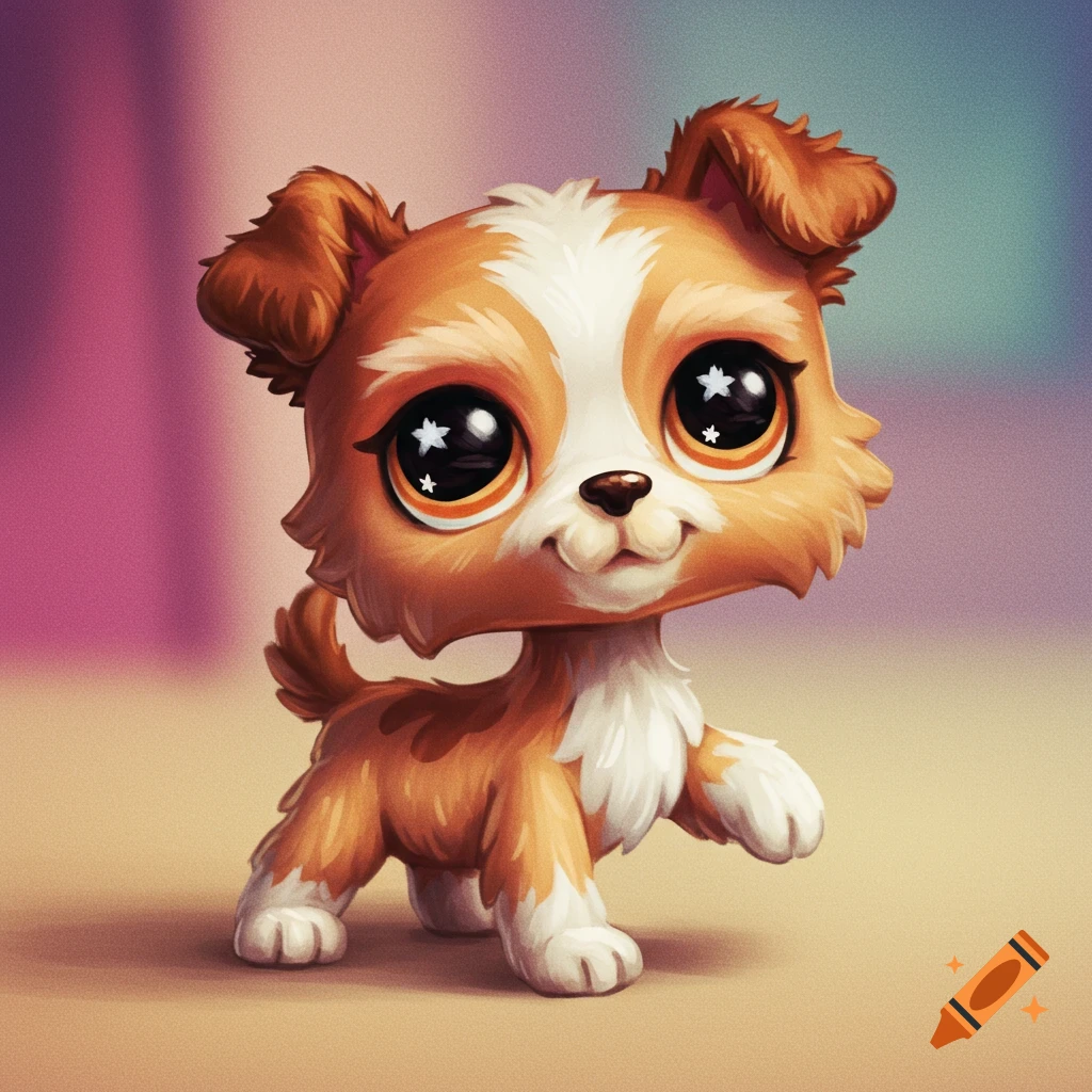 A cute, big-eyed cartoon dog in the style of Littlest Pet Shop.