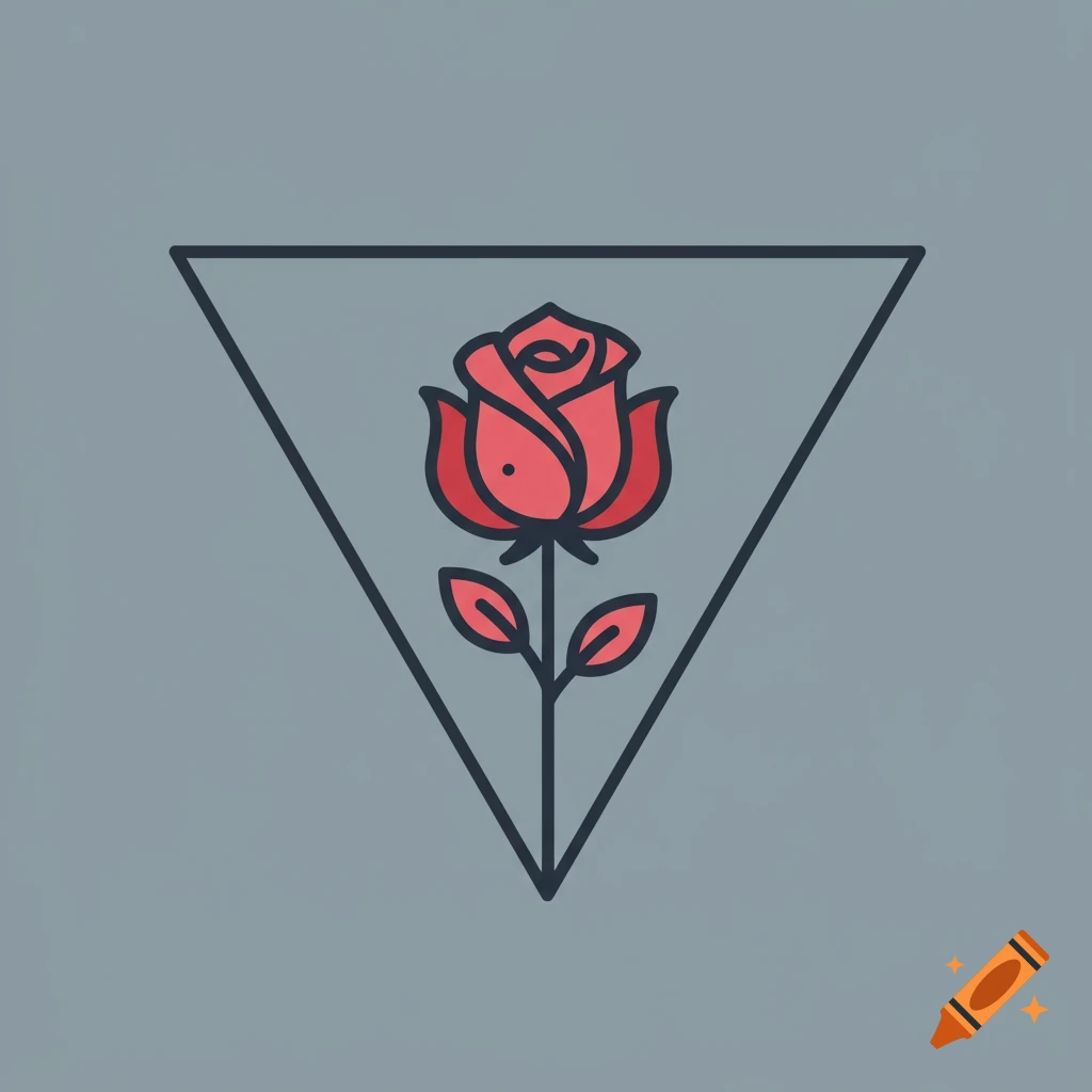A red stylized rose with green leaves inside a black geometric triangle on a grey background.