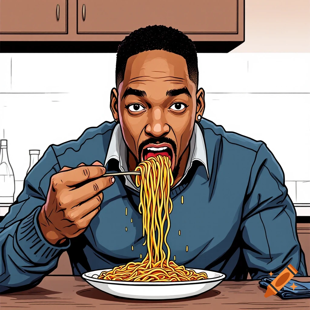 Cartoon illustration of Will Smith eating spaghetti.