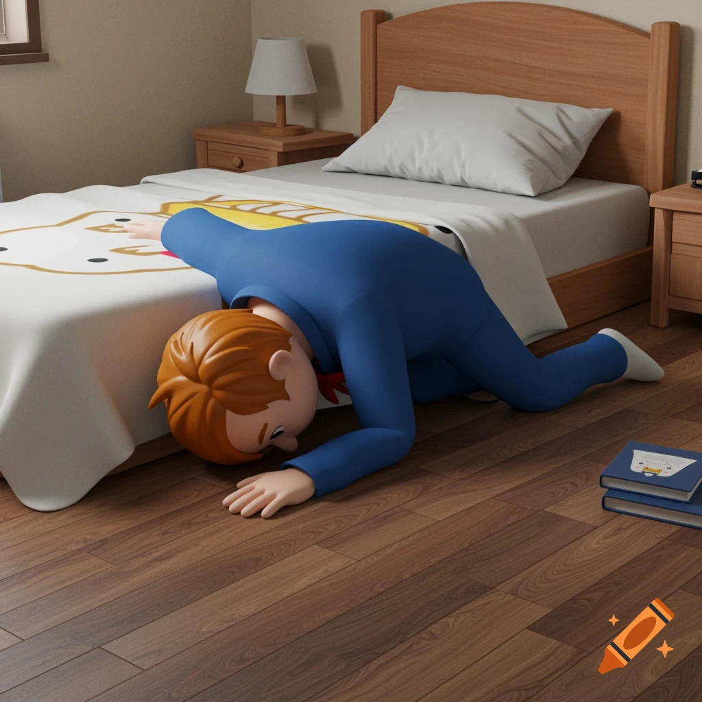 A 3D cartoon character in a blue suit lies face down on the floor next to a bed with character-patterned sheets.