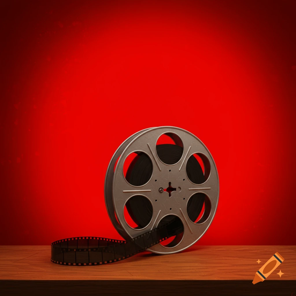 A film reel sits on a wooden table against a red background.