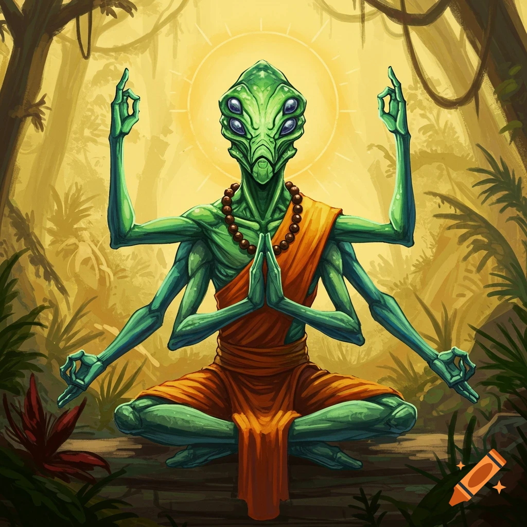 A green, four-armed alien with multiple eyes meditates in an orange robe in a jungle, sun behind its head.