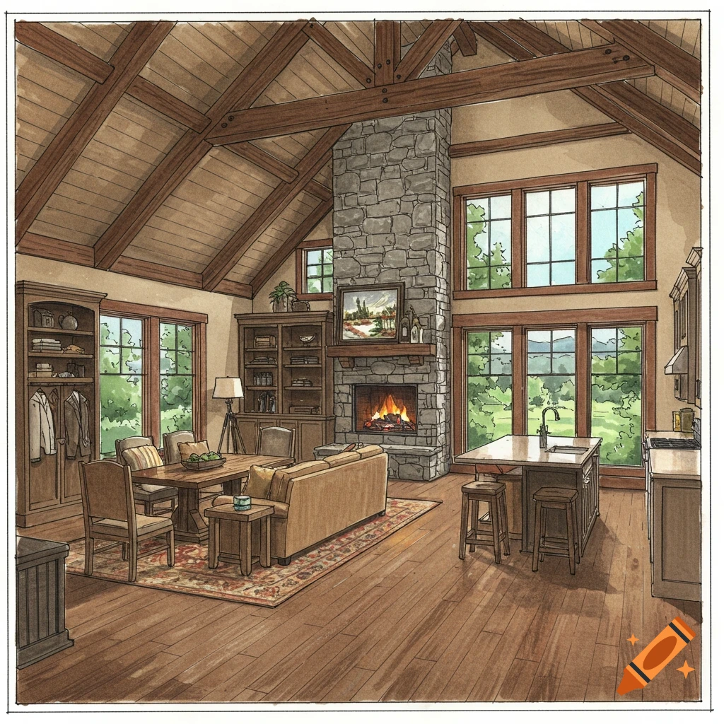 Architectural rendering of a rustic great room with vaulted ceiling, stone fireplace, dining area, and kitchen island.