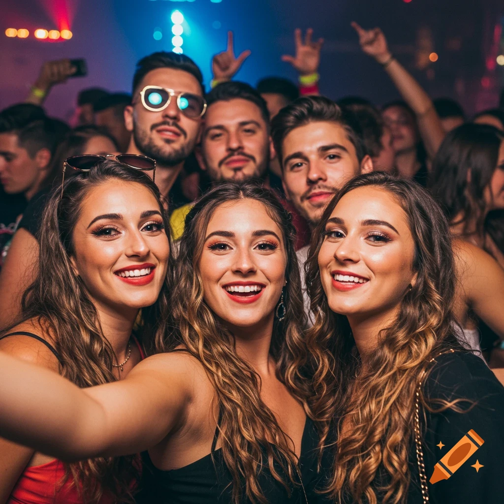 Group of friends take a selfie at a party or nightclub