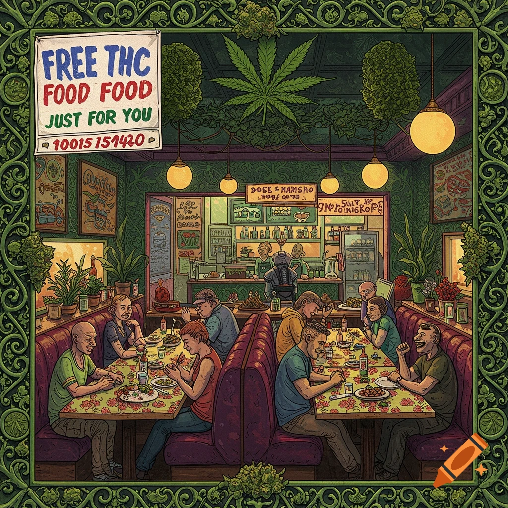 Cannabis-themed restaurant menu with "FREE THC FOOD JUST FOR YOU" and "100151440" title