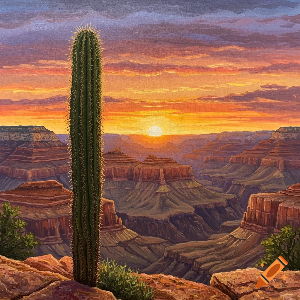 A painting of a tall cactus in front of a canyon landscape at sunset.