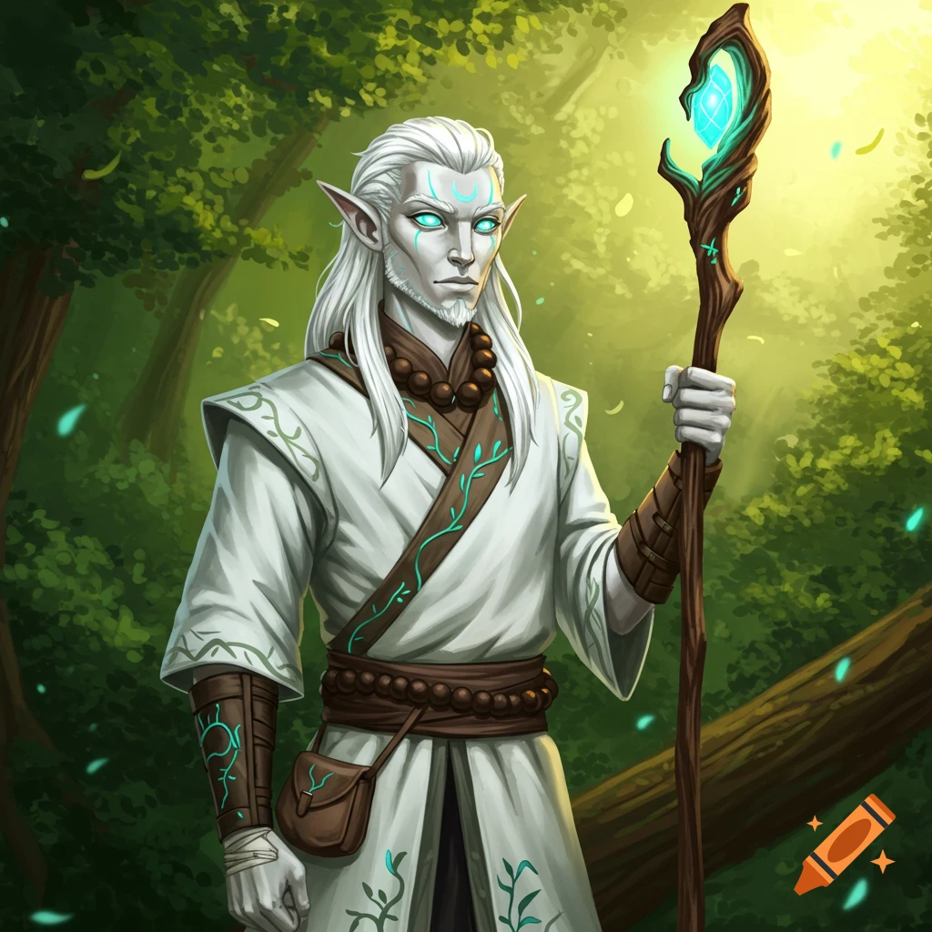 Fantasy character in white robe holding a staff in a forest.