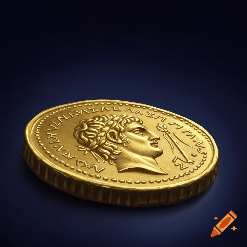 Golden ancient coin with a profile head and inscription on a dark background