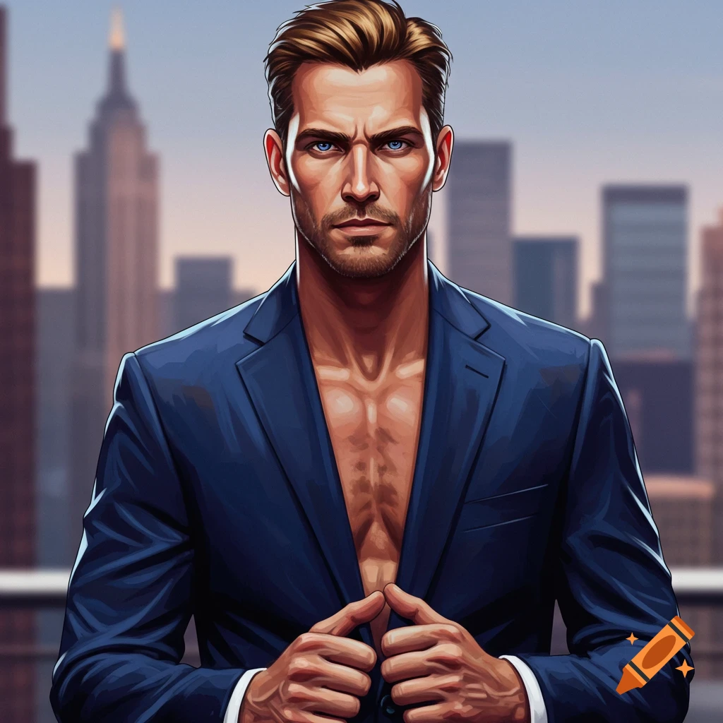 A man in a suit jacket open to reveal his chest stands in front of a city skyline.