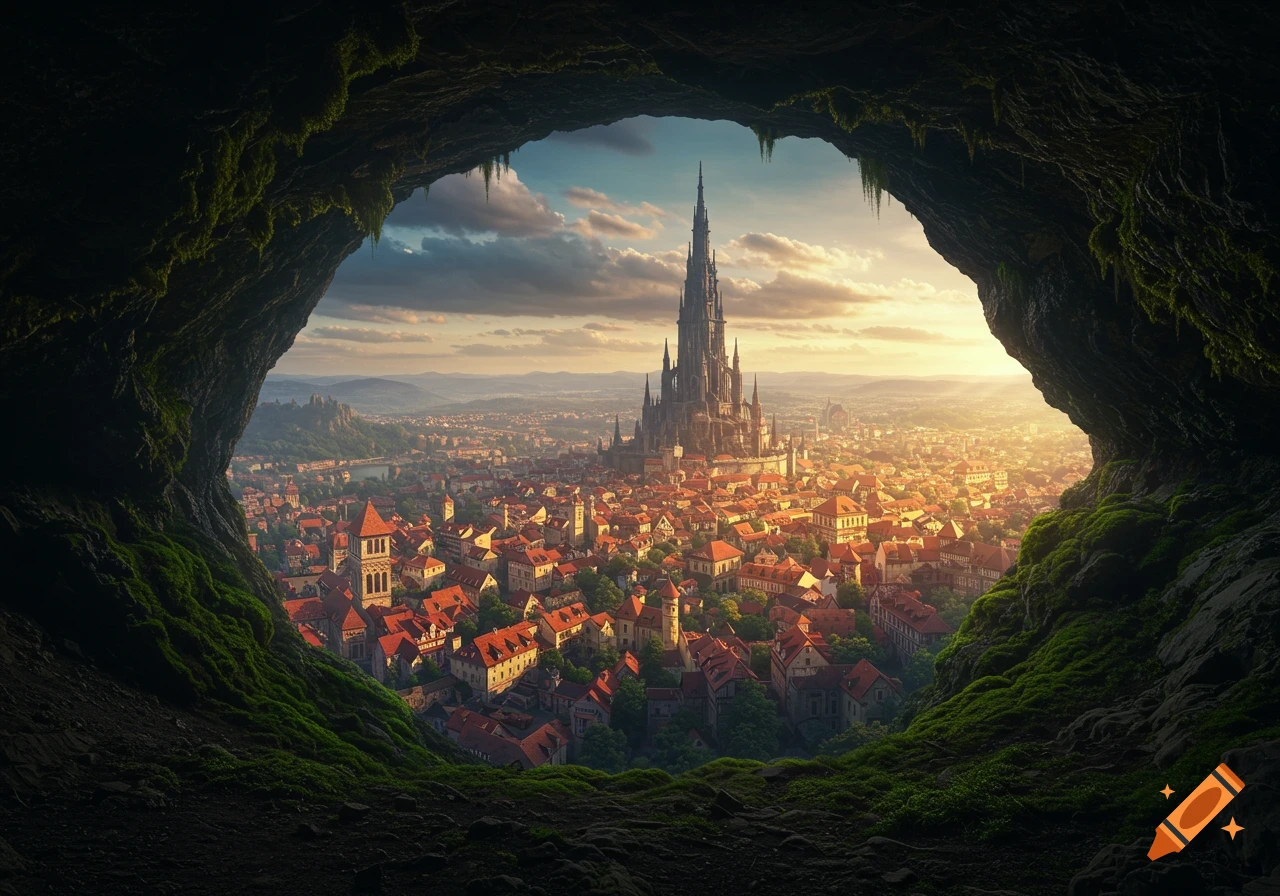 View from a dark cave looking out at a sprawling fantasy city with a tall dark tower at sunset.