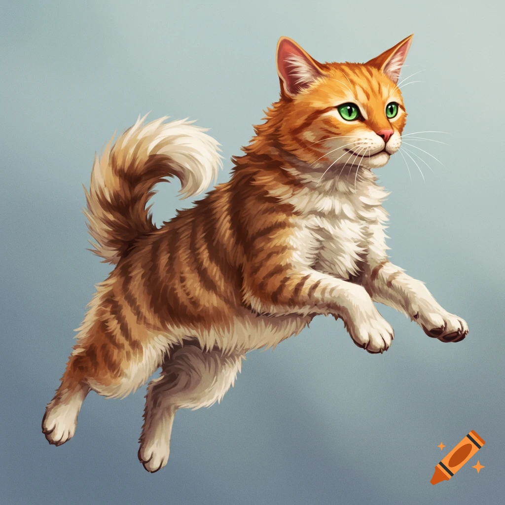 An orange tabby cat-dog hybrid with a bushy tail jumps in the air.