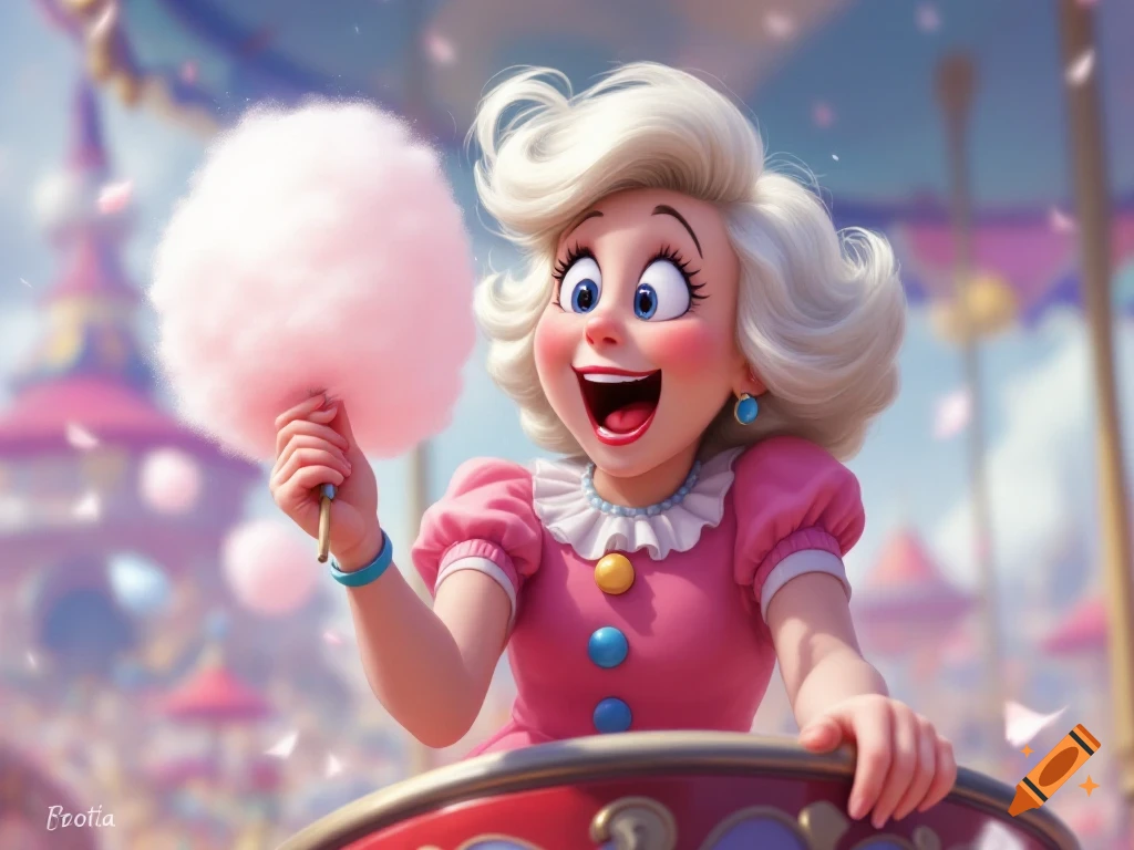 A cartoon character holds pink cotton candy at a carnival.