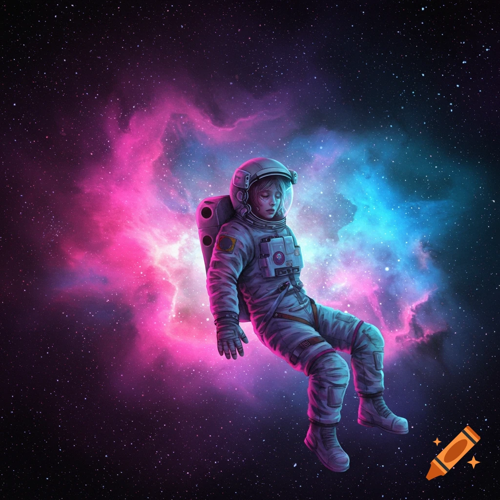 Astronaut floating in space with a vibrant pink and blue nebula.