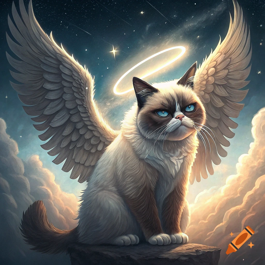 Grumpy Cat with angel wings and halo sits on a rock in the sky