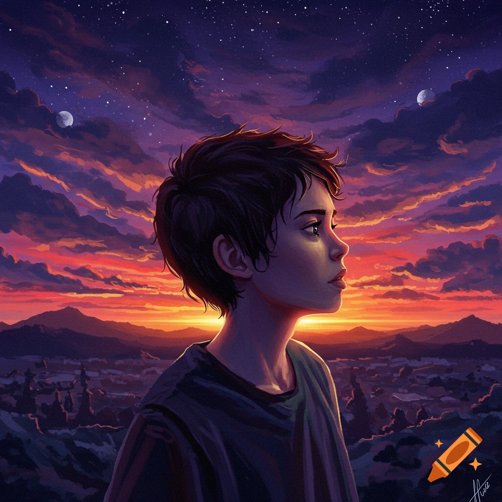 A person looks at a dramatic sunset sky with mountains and moons.