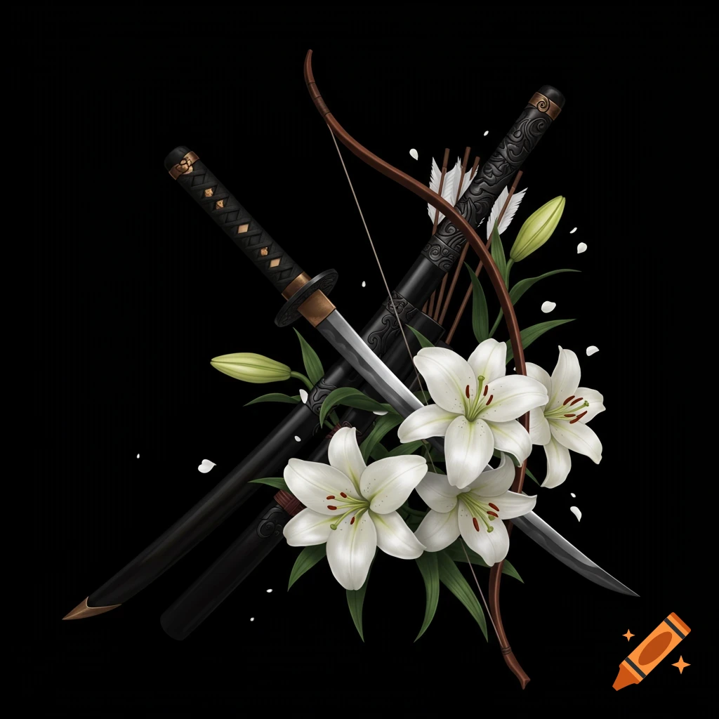 Katana sword crossed with a bow and arrow and white lilies on a black background.