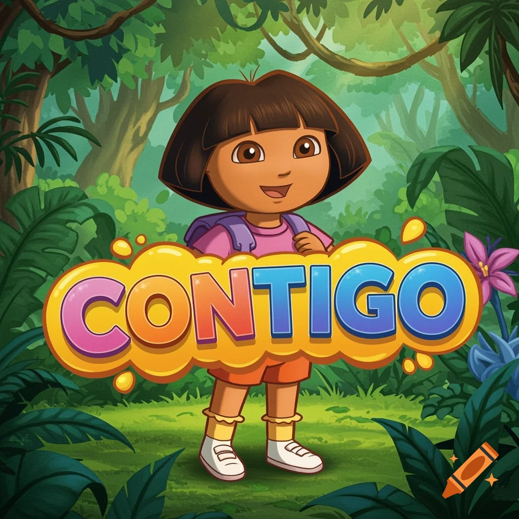 Cartoon illustration of Dora the Explorer in a jungle with the word CONTIGO.