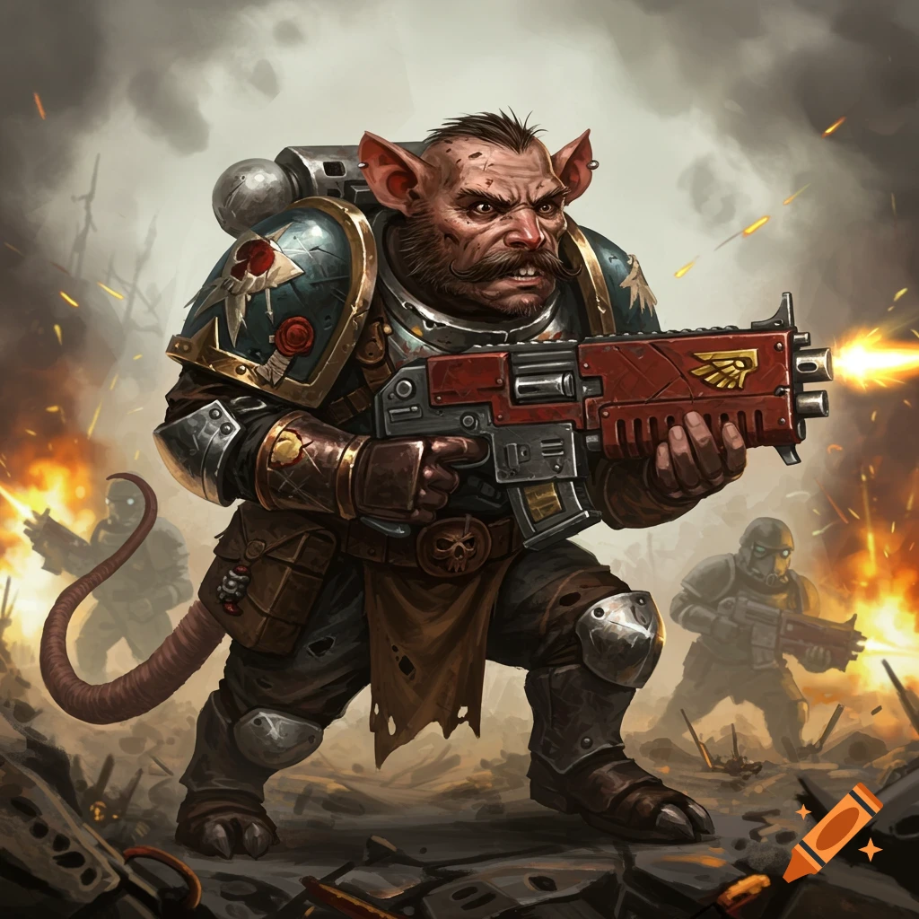 A rat-like soldier in power armor holds a futuristic gun in a battle scene.