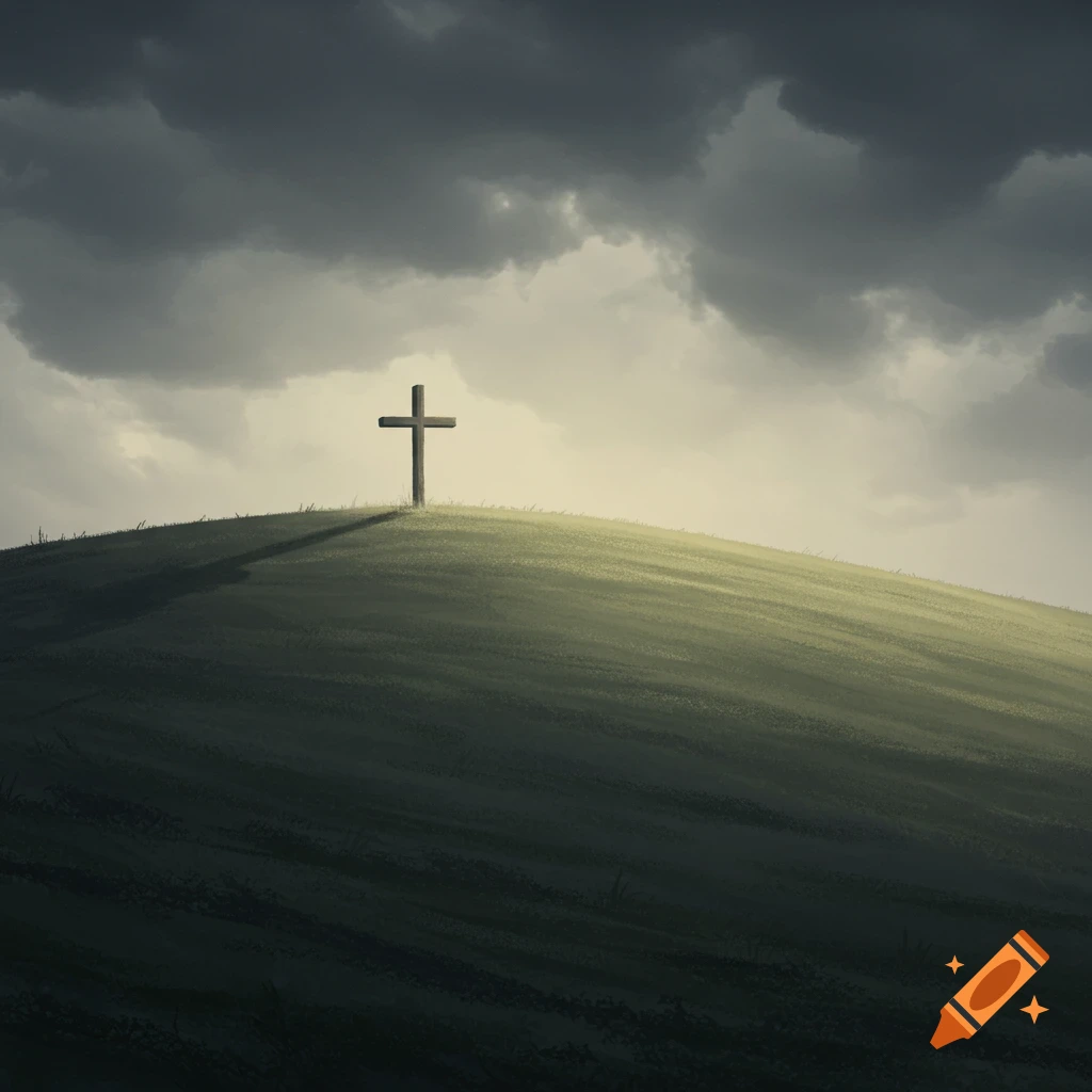 A cross stands on a grassy hill under dark, dramatic clouds.