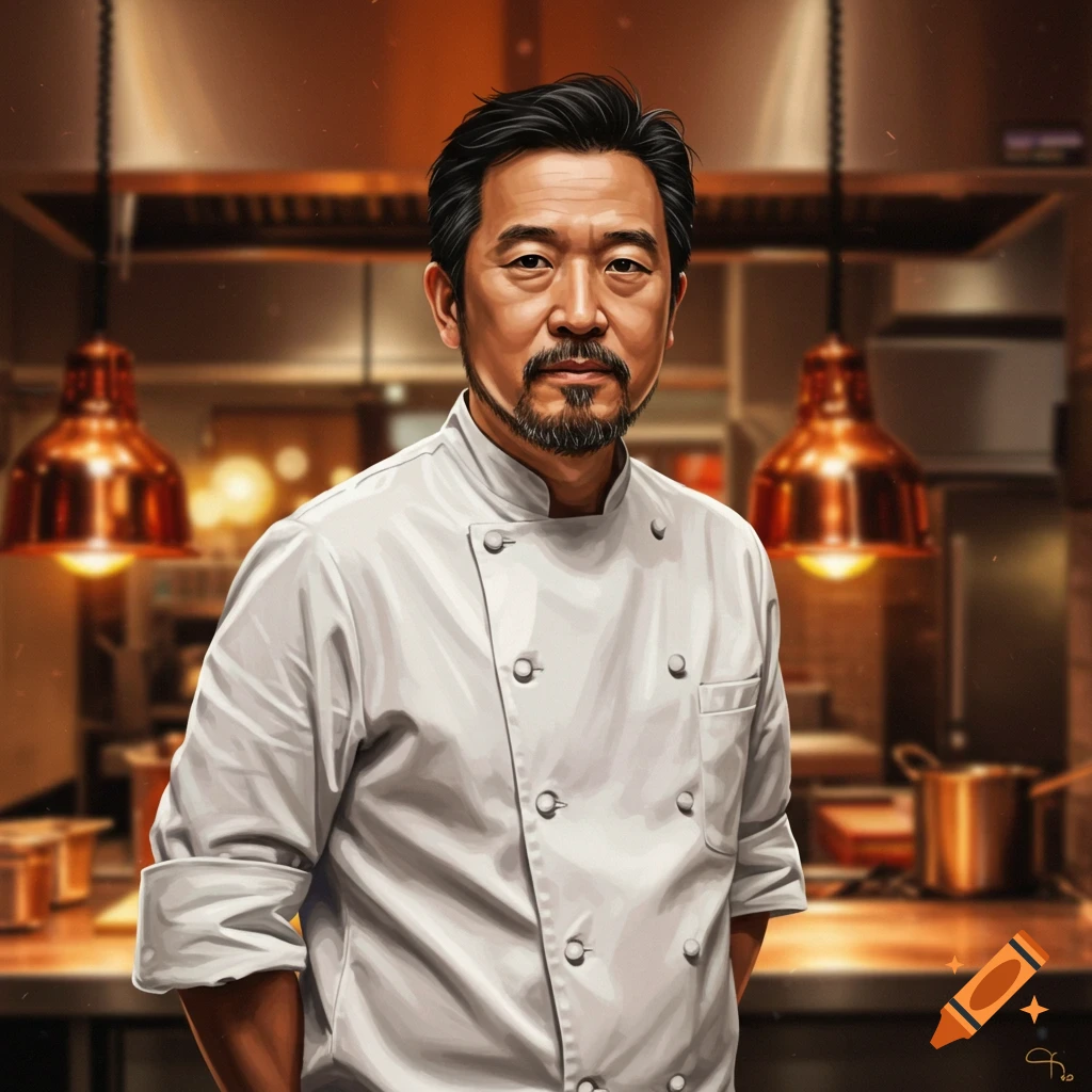 A portrait illustration of a male chef in a kitchen.