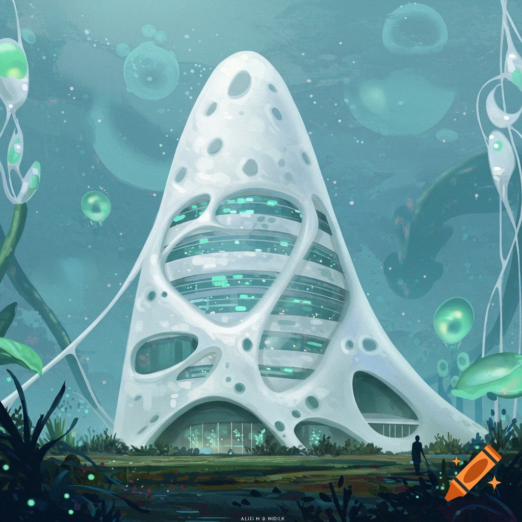 Sci-fi illustration of a futuristic, white, organic-shaped building in an alien landscape with glowing plants and water.