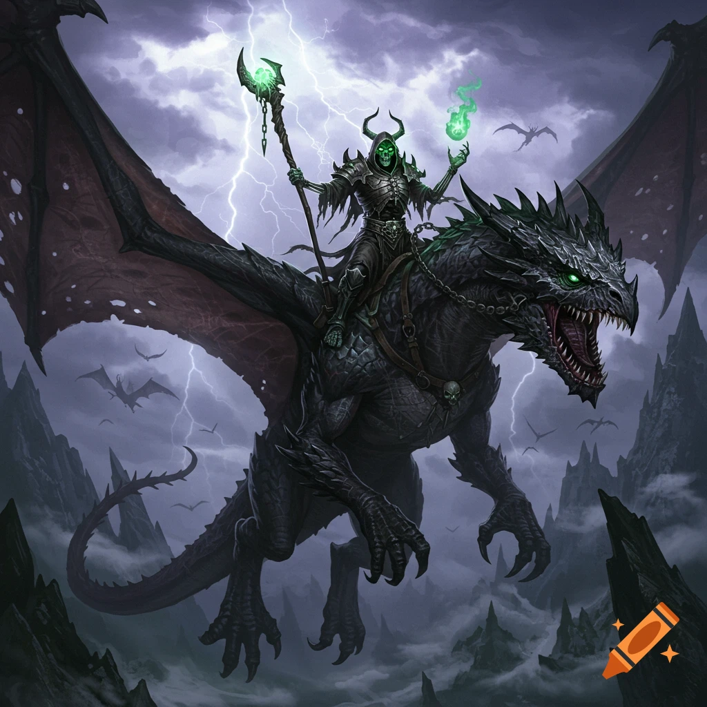 A dark fantasy illustration of a skeleton necromancer riding a black dragon over stormy mountains with lightning.