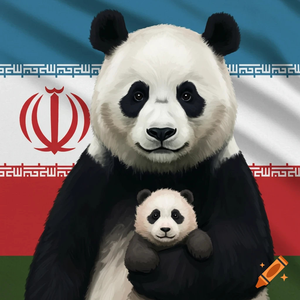 A father panda is holding a baby panda in front of the flag of Iran.