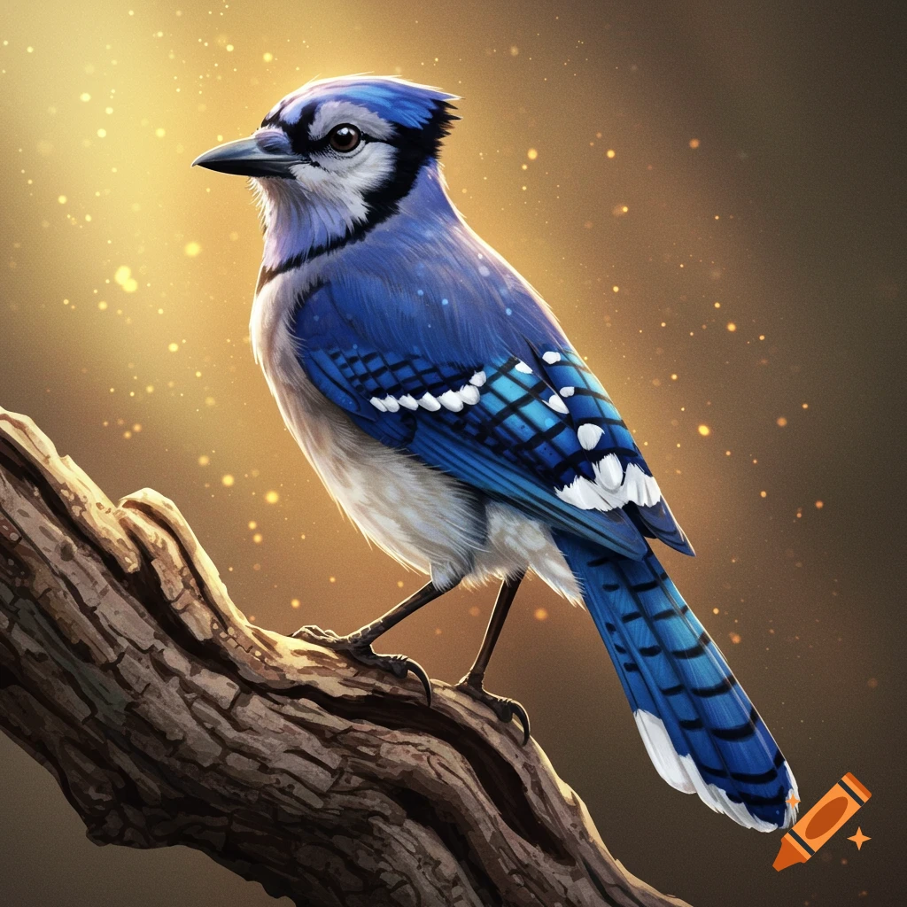 A blue jay perches on a tree branch against a blurry background with golden light and bokeh.