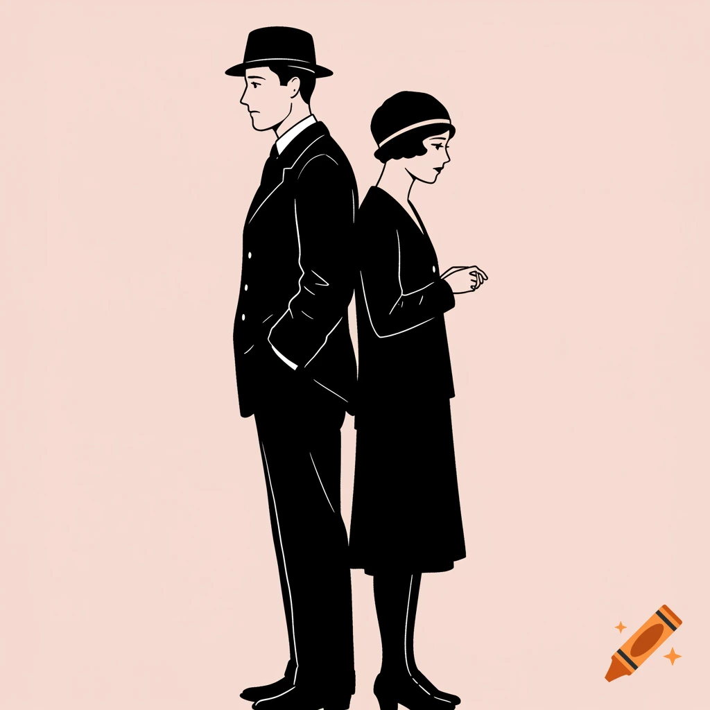 Outline illustration of a man and woman in 1920s attire standing back to back.