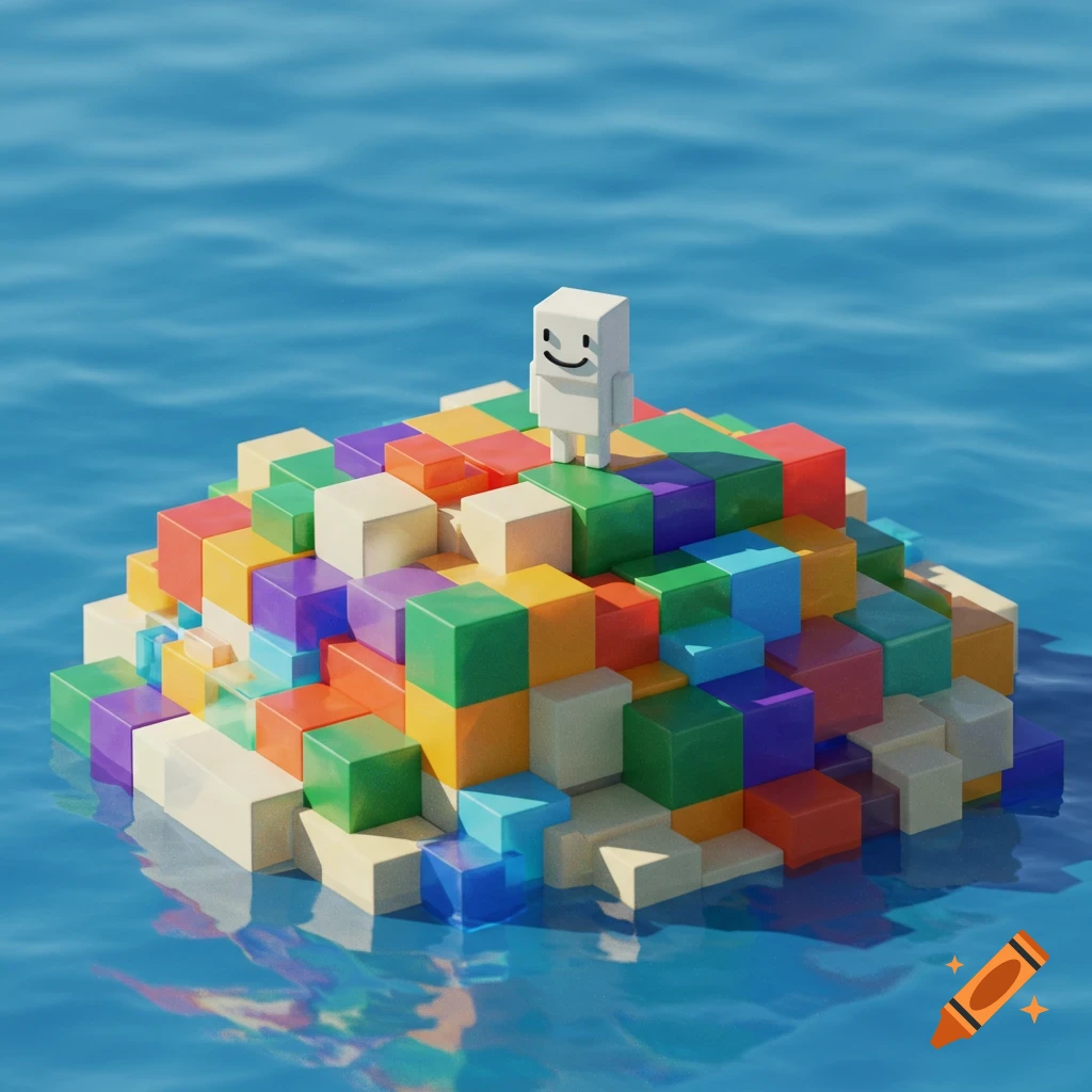 A smiling white block character stands on a colorful block island in blue water. 3D render.