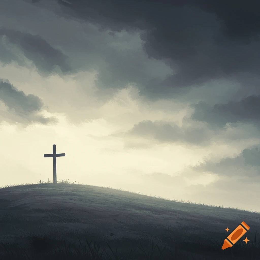 A wooden cross on a grassy hill under a dark cloudy sky, atmospheric style.