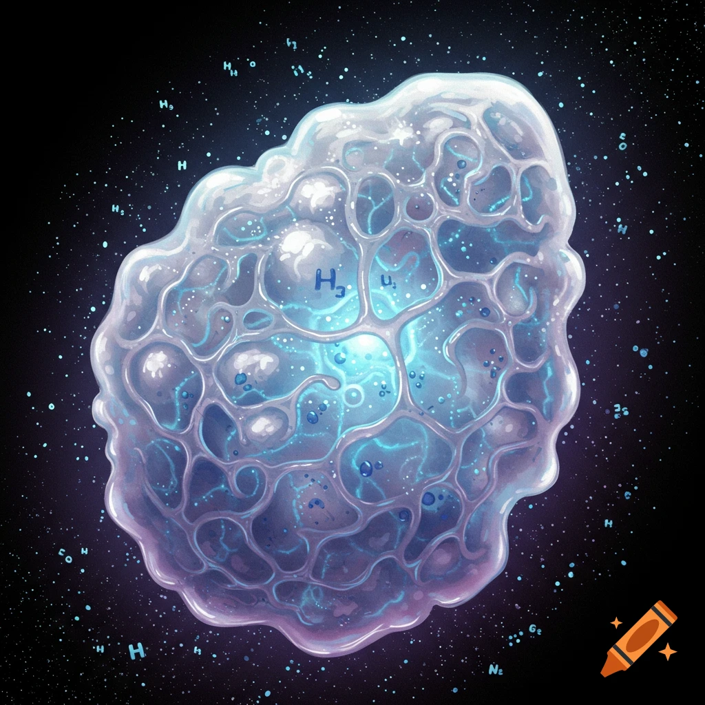 A translucent, glowing creature with a cellular structure floats in space, surrounded by chemical formulas.