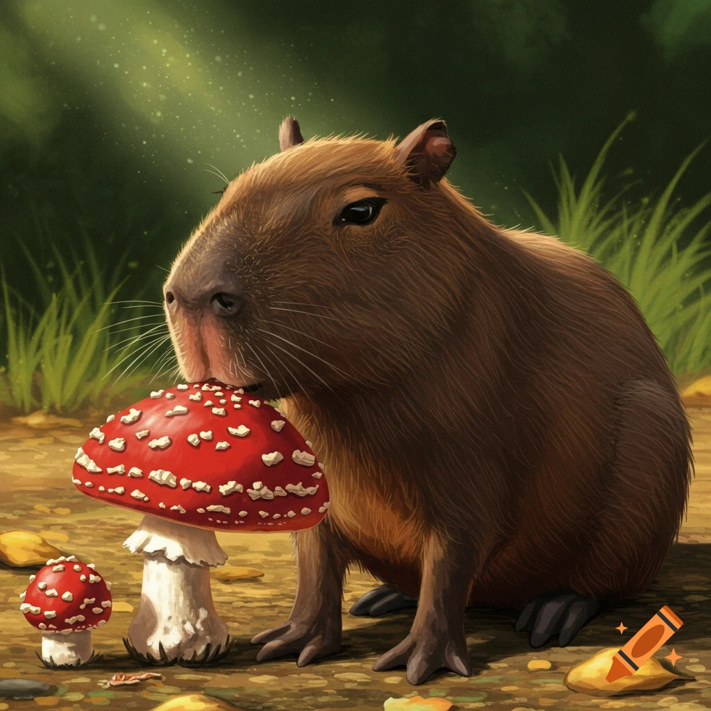 Illustration of a capybara leaning towards a large red mushroom in a forest setting.