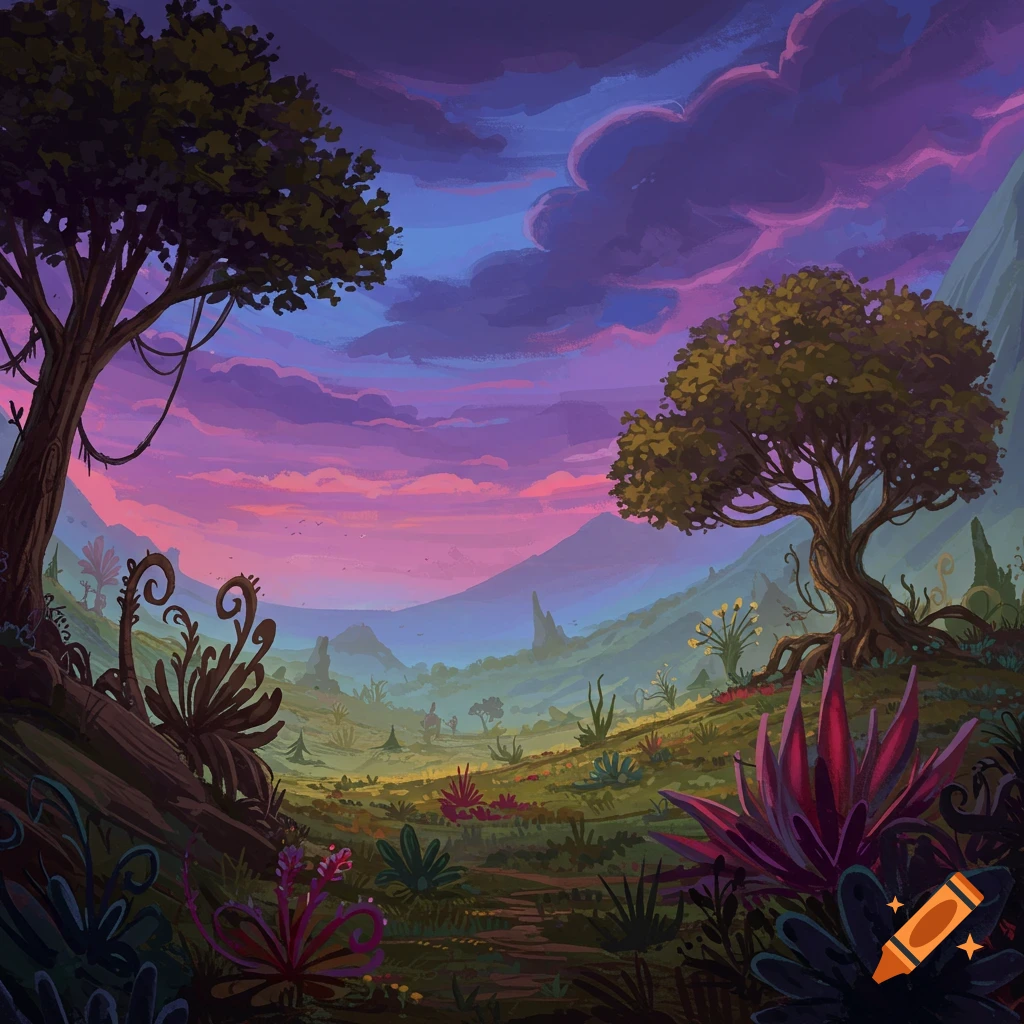 A colorful illustration of a fantasy landscape with strange plants, trees, mountains, and a vibrant pink and purple sky.