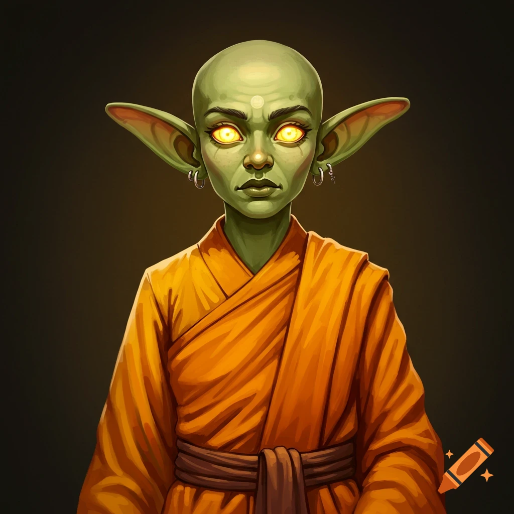 A green-skinned female goblin with glowing yellow eyes wears an orange monk's robe.