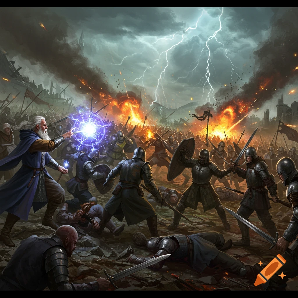 Large fantasy battle with knights, a wizard casting magic, lightning, and explosions.
