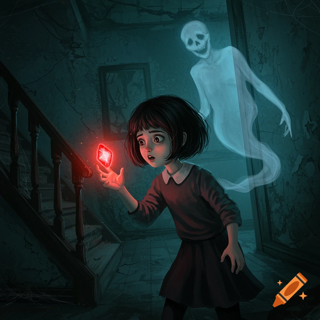 Illustration of a girl holding a glowing red amulet in a haunted house with a ghost behind her near a staircase.
